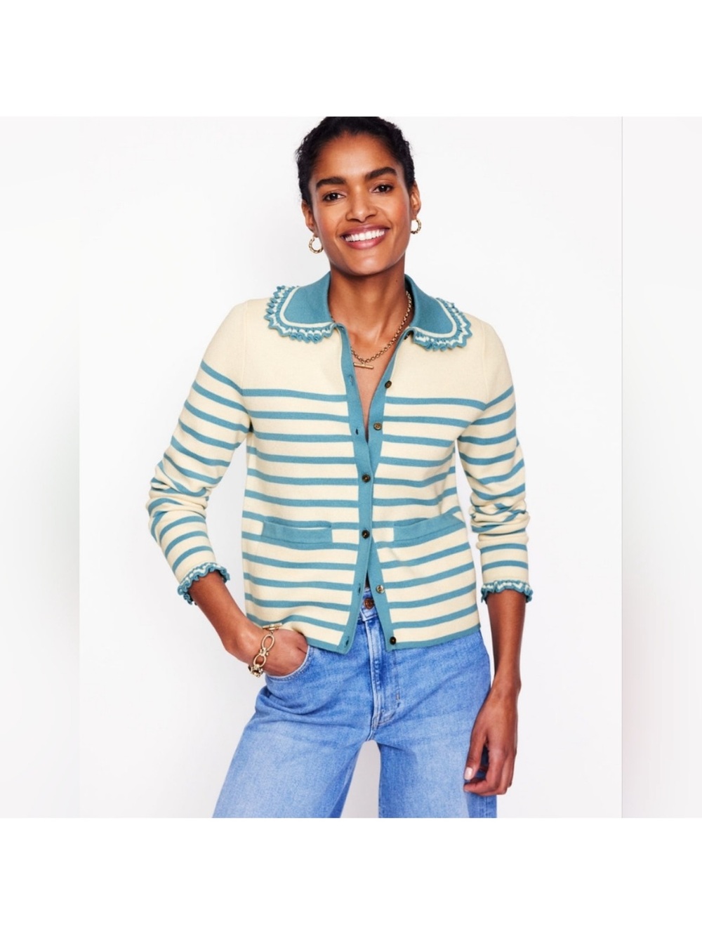 EUC Boden Jessie Striped Frill Collar Cardigan Ivory/Blue